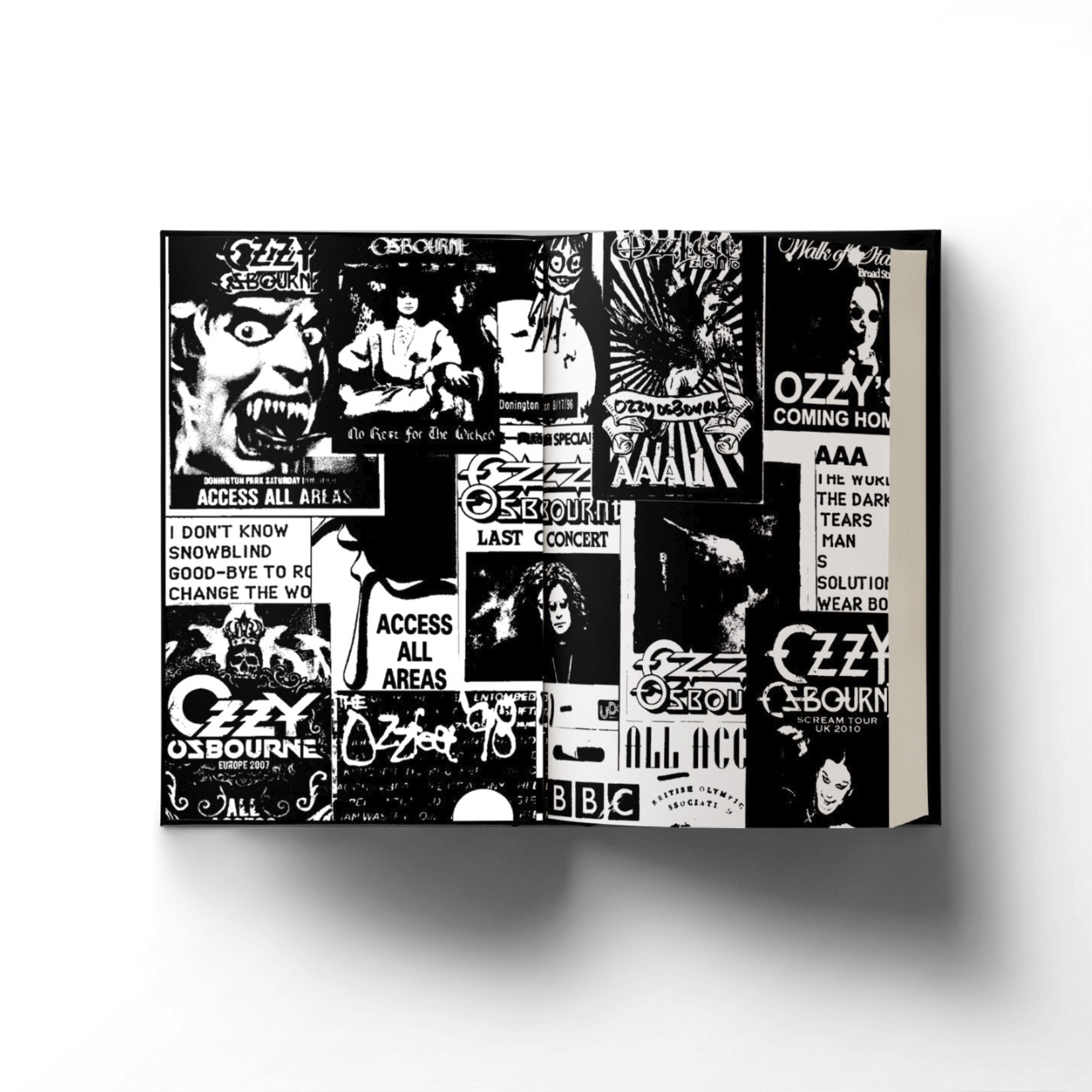 Endpapers featuring reproductions of black and white passes to concerts.